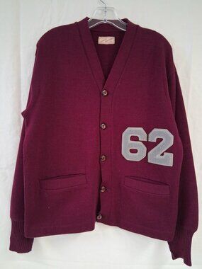 ✨ VTG Lasley Knitting Co Wool Varsity Cardigan Maroon Burgundy 62 Patch ✨